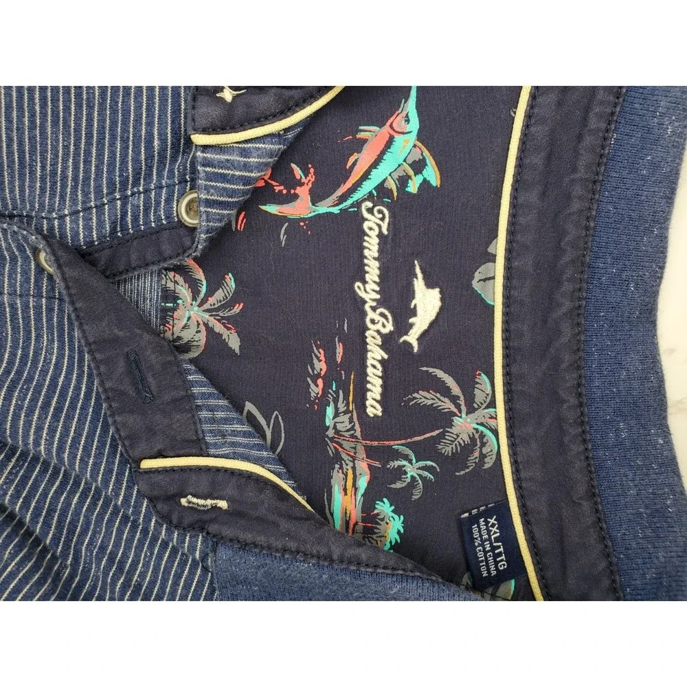 Tommy Bahama Polo Shirt Mens 2XL Navy Striped Short Sleeve Cotton